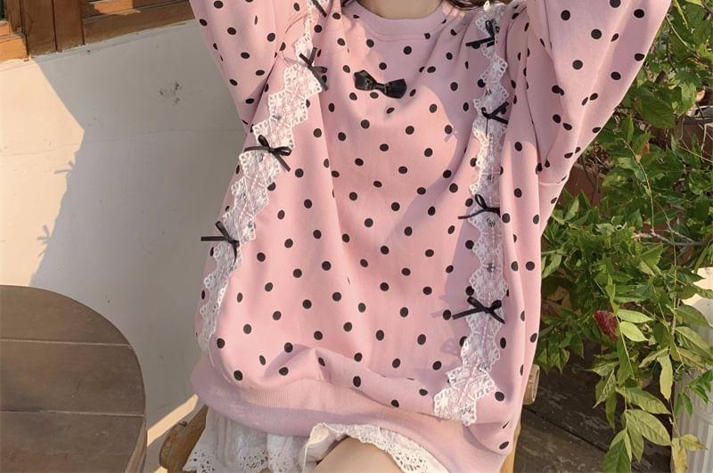 Round Neck Bowknot Polka Dot Lace Trim Oversized Sweatshirt Product Image