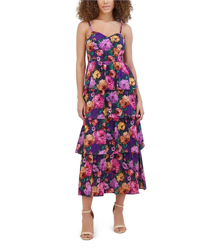 SIENA Floral Burnout Chiffon Sweetheart Neck Sleeveless Tiered Side Slit Midi Dress Product Image