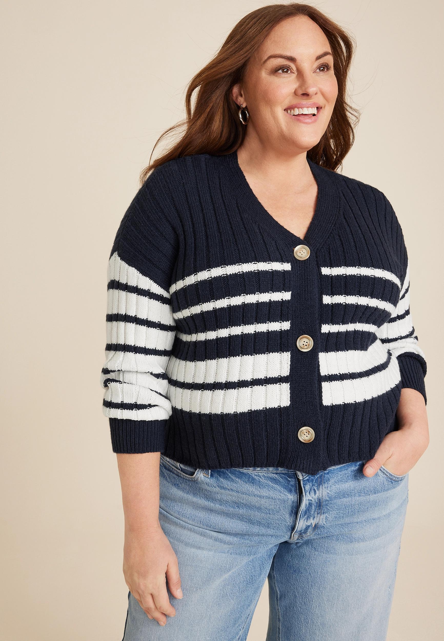 Maurices Plus Size Womens Striped Ribbed Cardigan Blue Size 0X Product Image