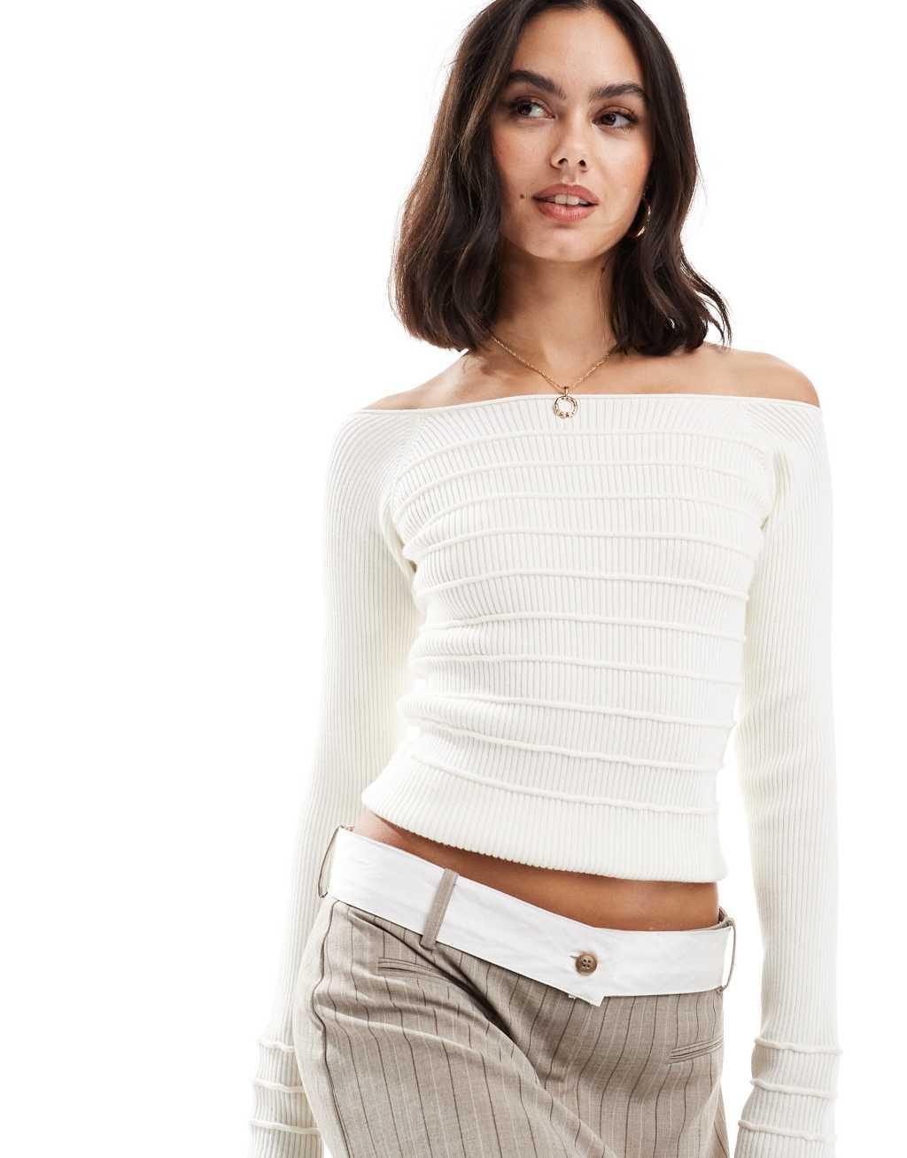 ASOS DESIGN knit off the shoulder bardot top with stitch detail in cream Product Image