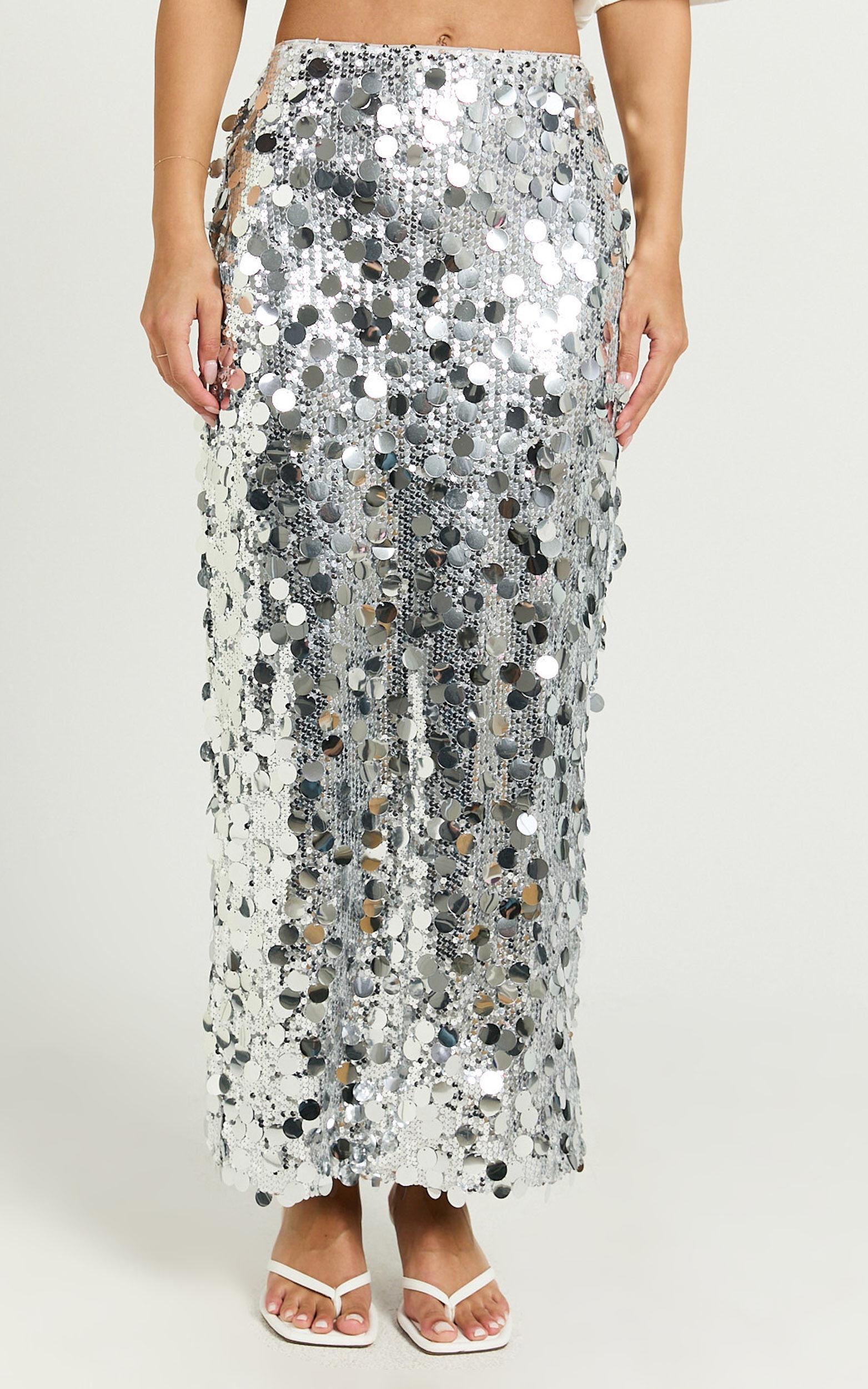 Sinclair Midi Skirt - Sequin Column Skirt in Silver Product Image