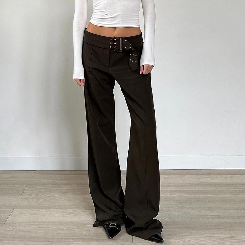 Low Waist Plain Straight-Fit Wide-Leg Pants with Belt Product Image