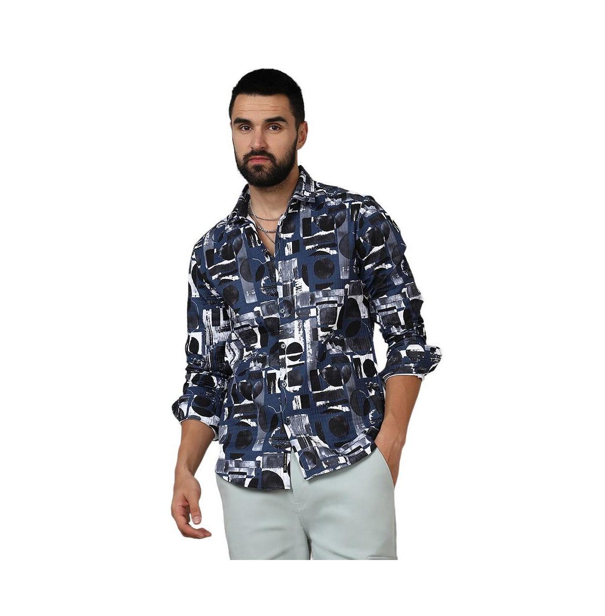 Campus Sutra Mens Navy Blue & Midnight Black Abstract Geometric Shirt Product Image