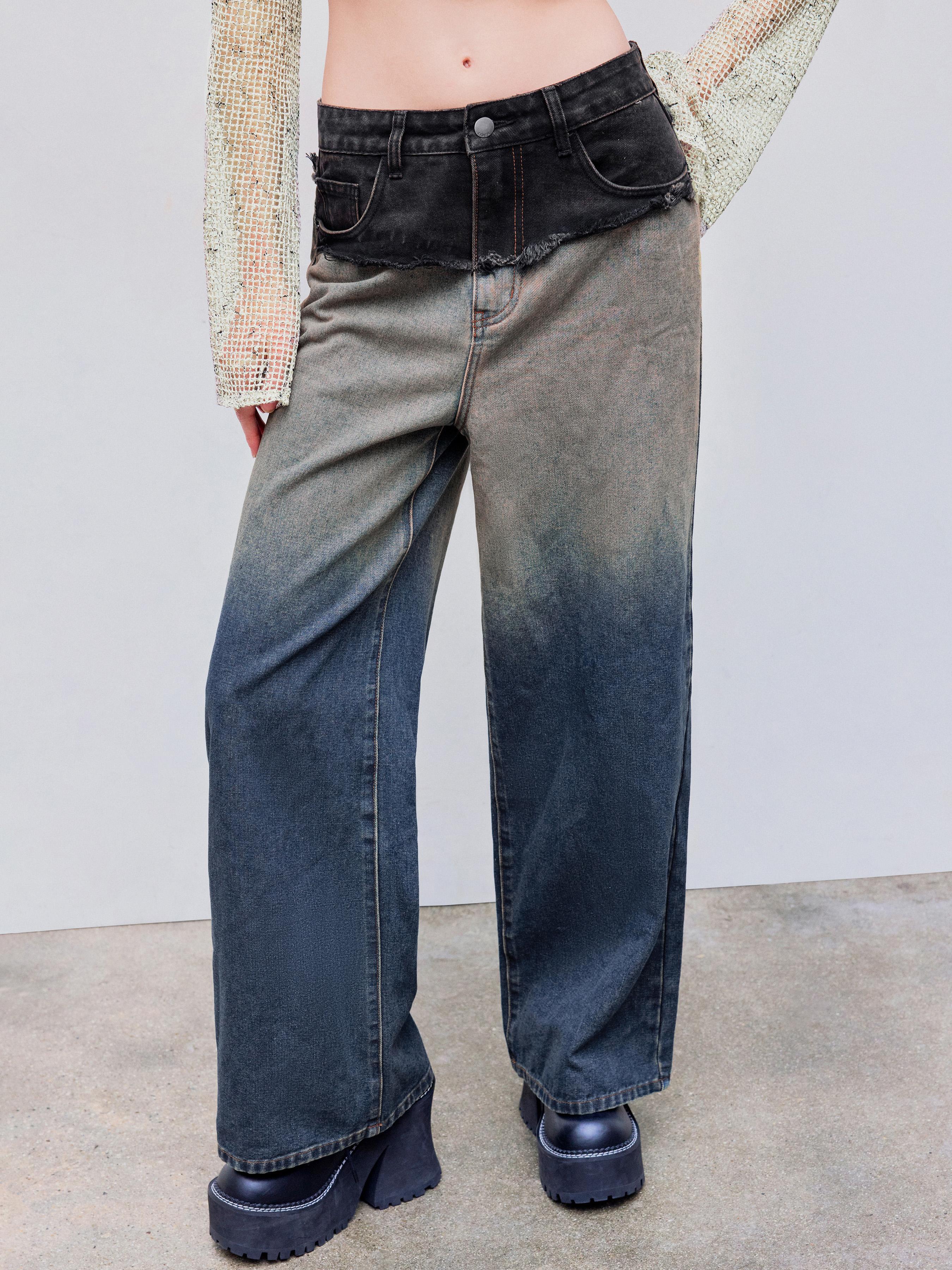 Cider Denim High Rise Gradient Patchy Wide Leg Jeans Product Image