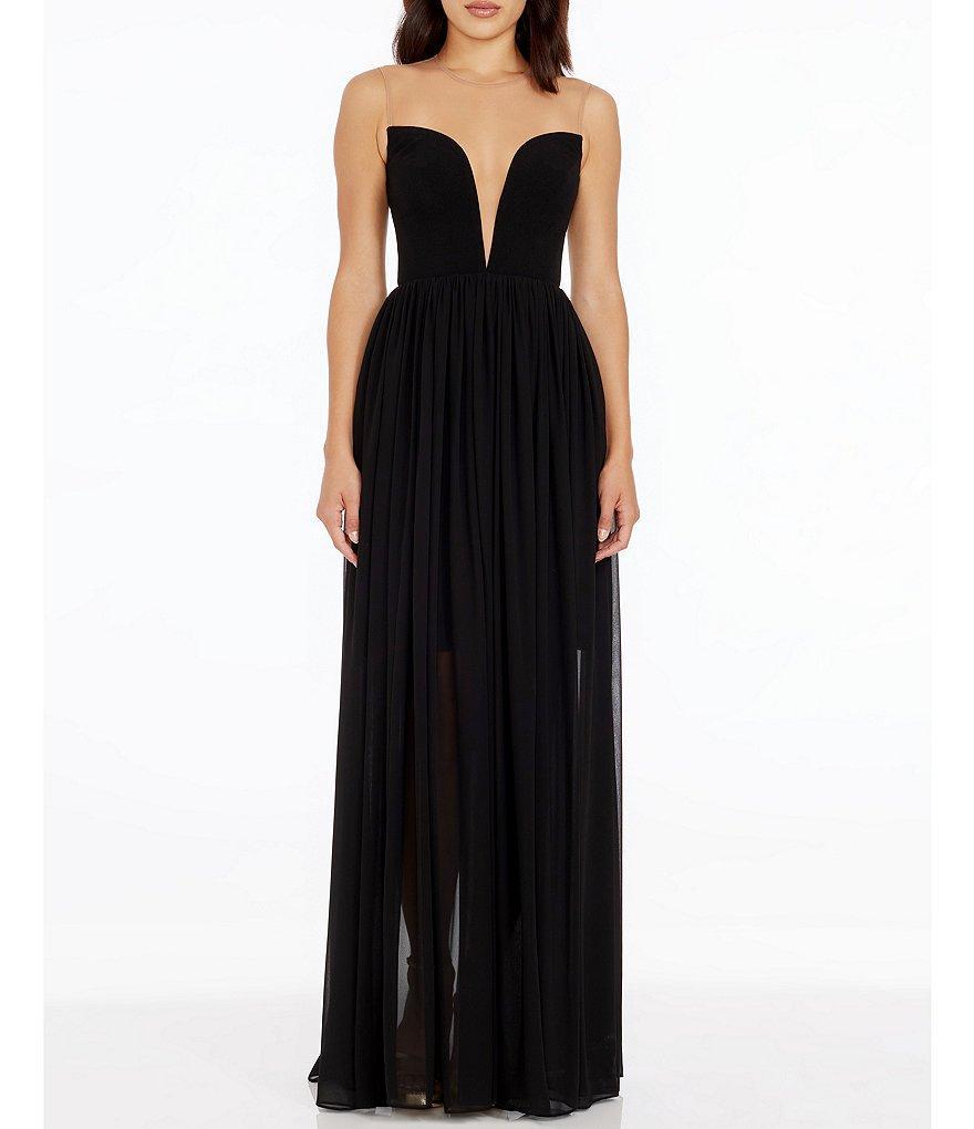 Dress the Population Illusion Plunge Neck Sleeveless Fit and Flare Gown Product Image