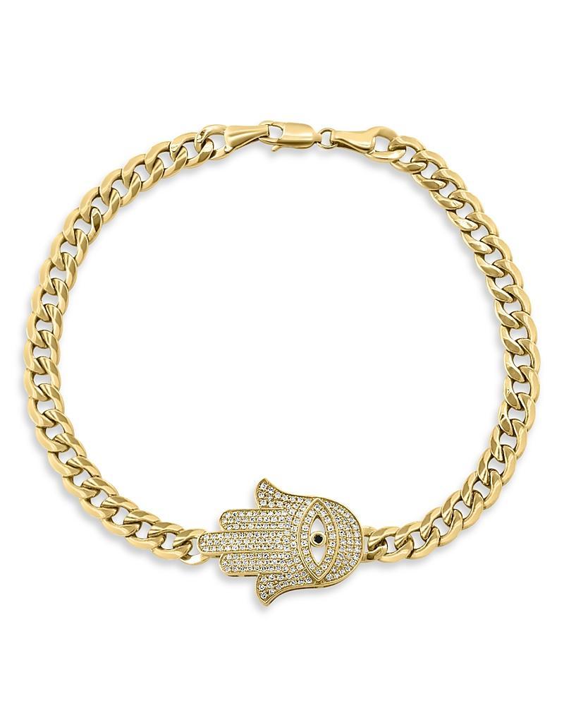 Bloomingdales Fine Collection Mens Black & White Diamond Hamsa Hand Curb Link Chain Bracelet in 14K Yellow Gold, 0.56 ct. t. w. Product Image