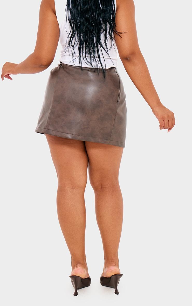 Plus Brown Faux Washed Leather Mini Skirt Product Image