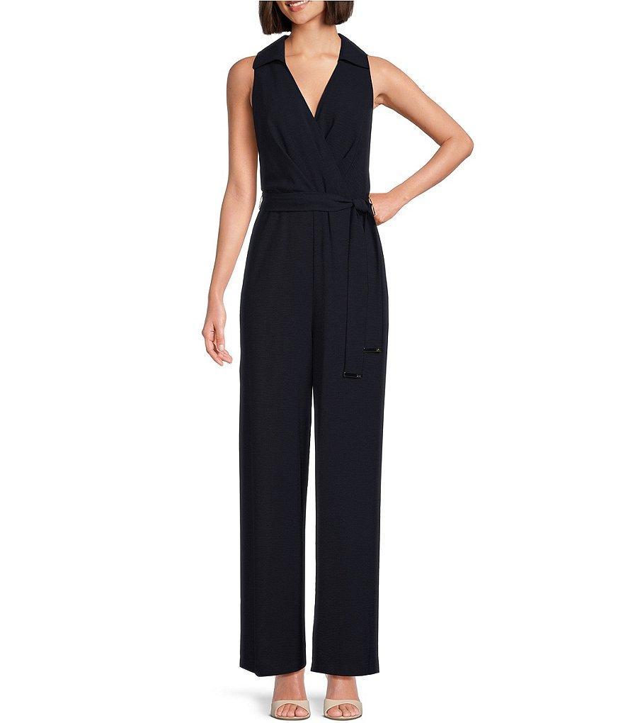 DKNY Notch Collar Surplice V-Neck Sleeveless Wide Leg Jumpsuit Product Image