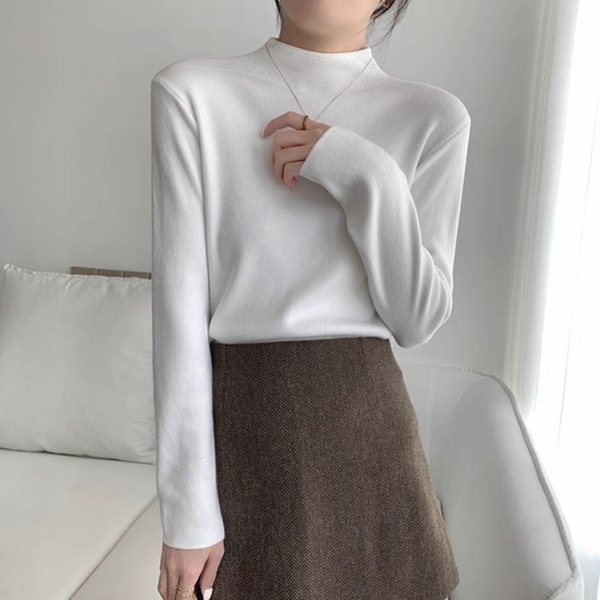 Long Sleeve Mock Neck Plain Knit Top Product Image