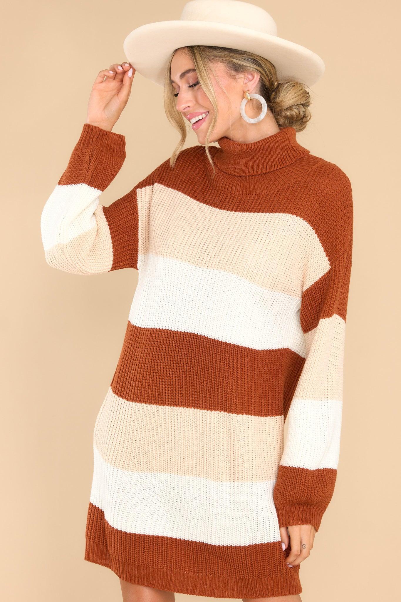 A Cozy Dream Multi Stripe Sweater Dress Brown Product Image