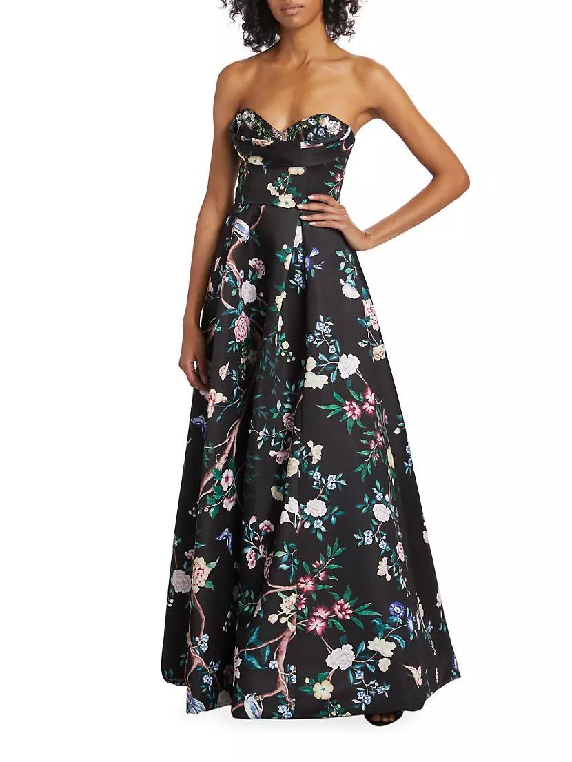 Strapless Floral Satin Gown Product Image