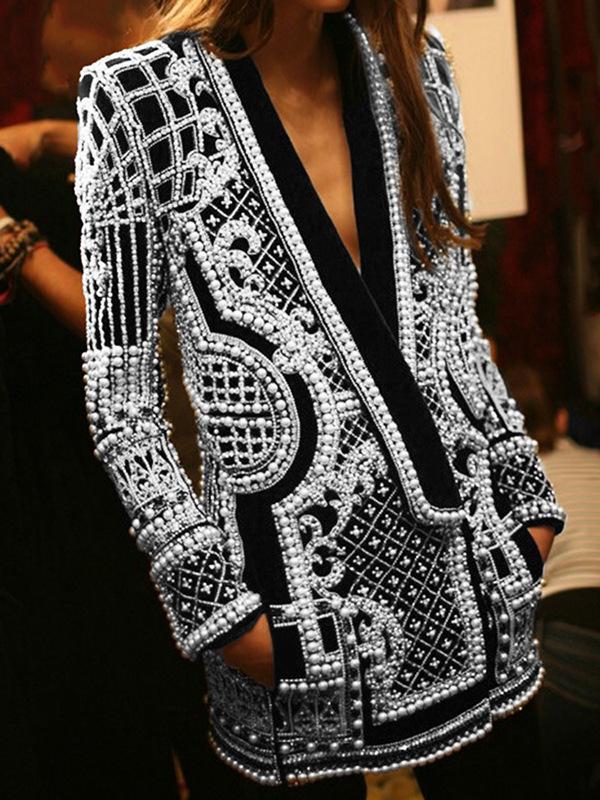 Long Sleeves Loose Beads Printed V-Neck Blazer Outerwear Product Image