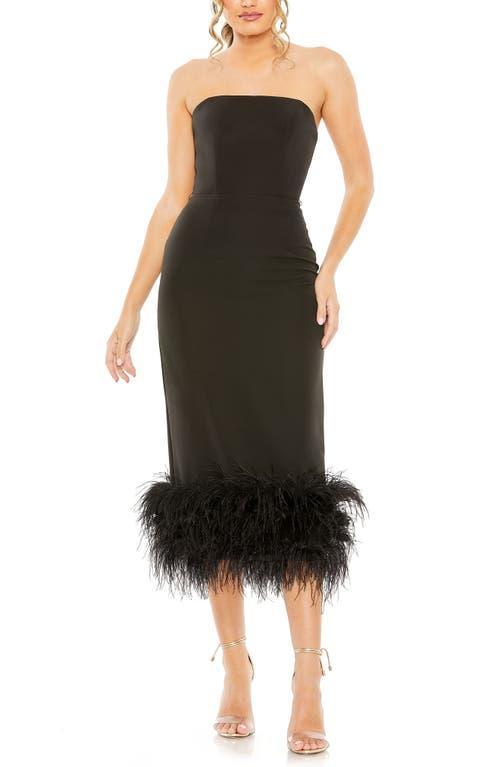 Ieena for Mac Duggal Feather Trim Strapless Column Midi Dress Product Image