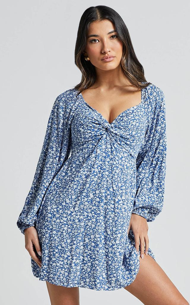 Ellison Mini Dress - 3/4 Sleeve Twist Bodice Dress in Blue Floral Product Image