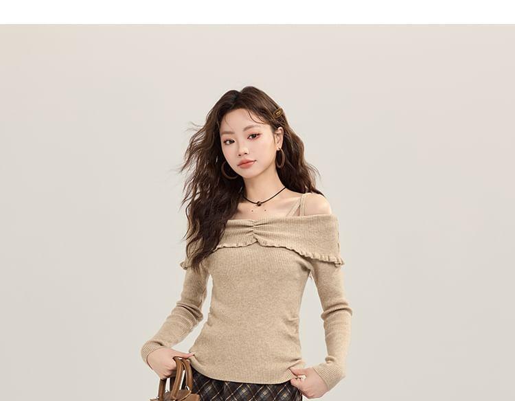 Long-Sleeve Cold Shoulder Plain Knit Top / High Rise Plaid Midi Skirt Product Image