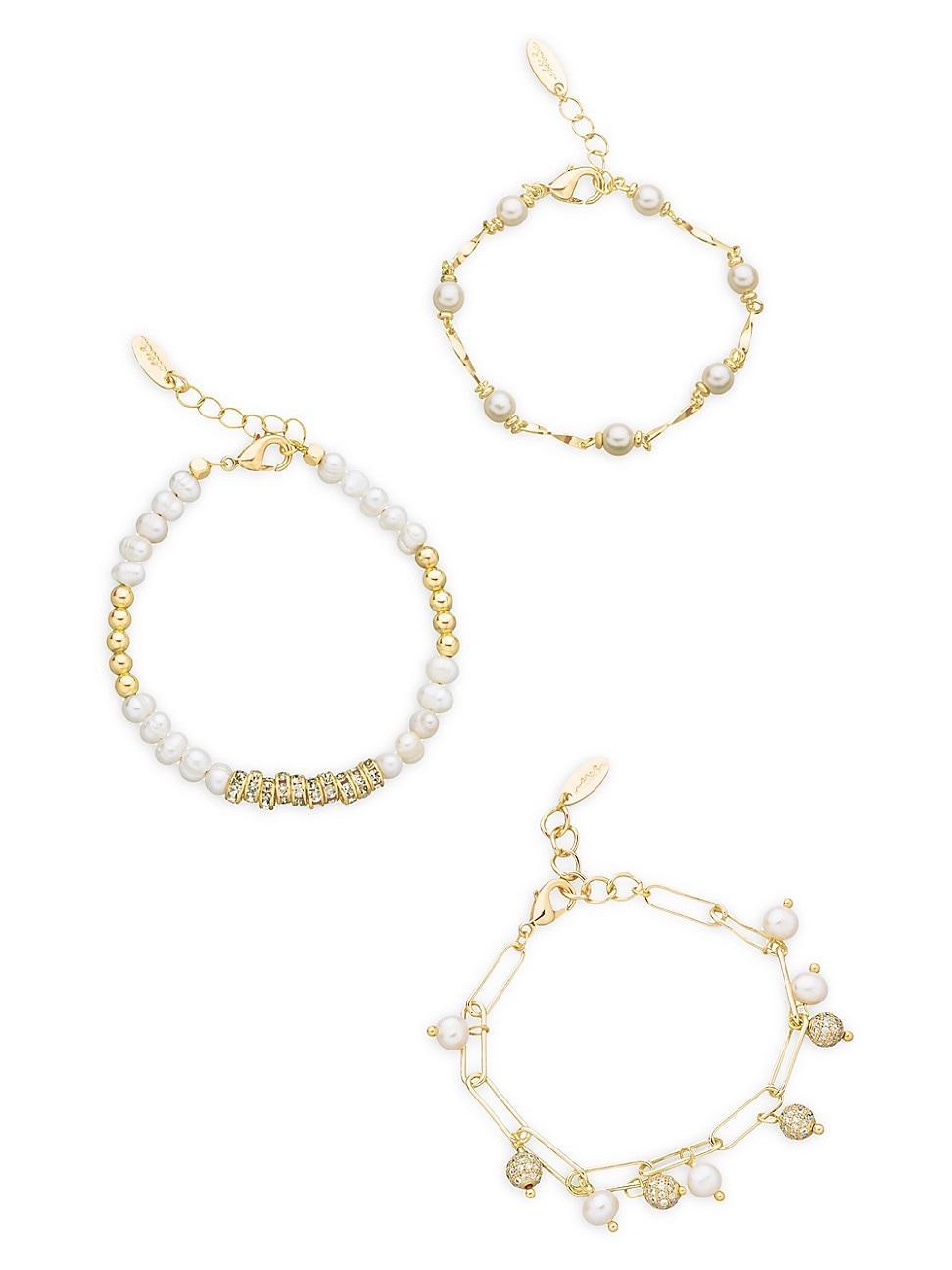 Womens Pearl Party 18K Gold-Plate, Pearl & Cubic Zirconia Bracelet 3-Piece Set Product Image