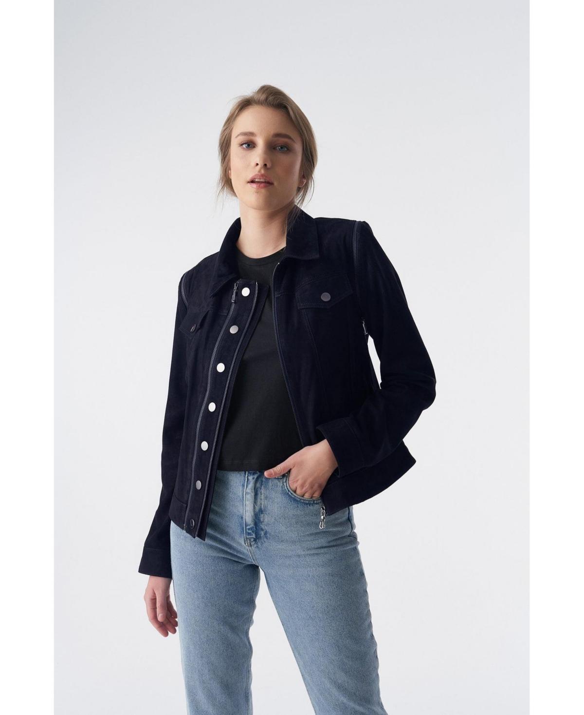 Furniq Uk Womens Detachable Sleeves Suede Biker Jacket and Waistcoat Navy Product Image