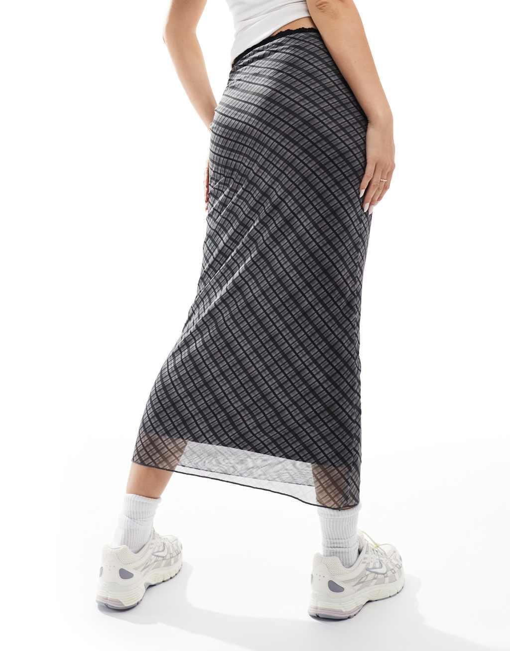 Pull&Bear lace trim mesh maxi skirt in blue check Product Image