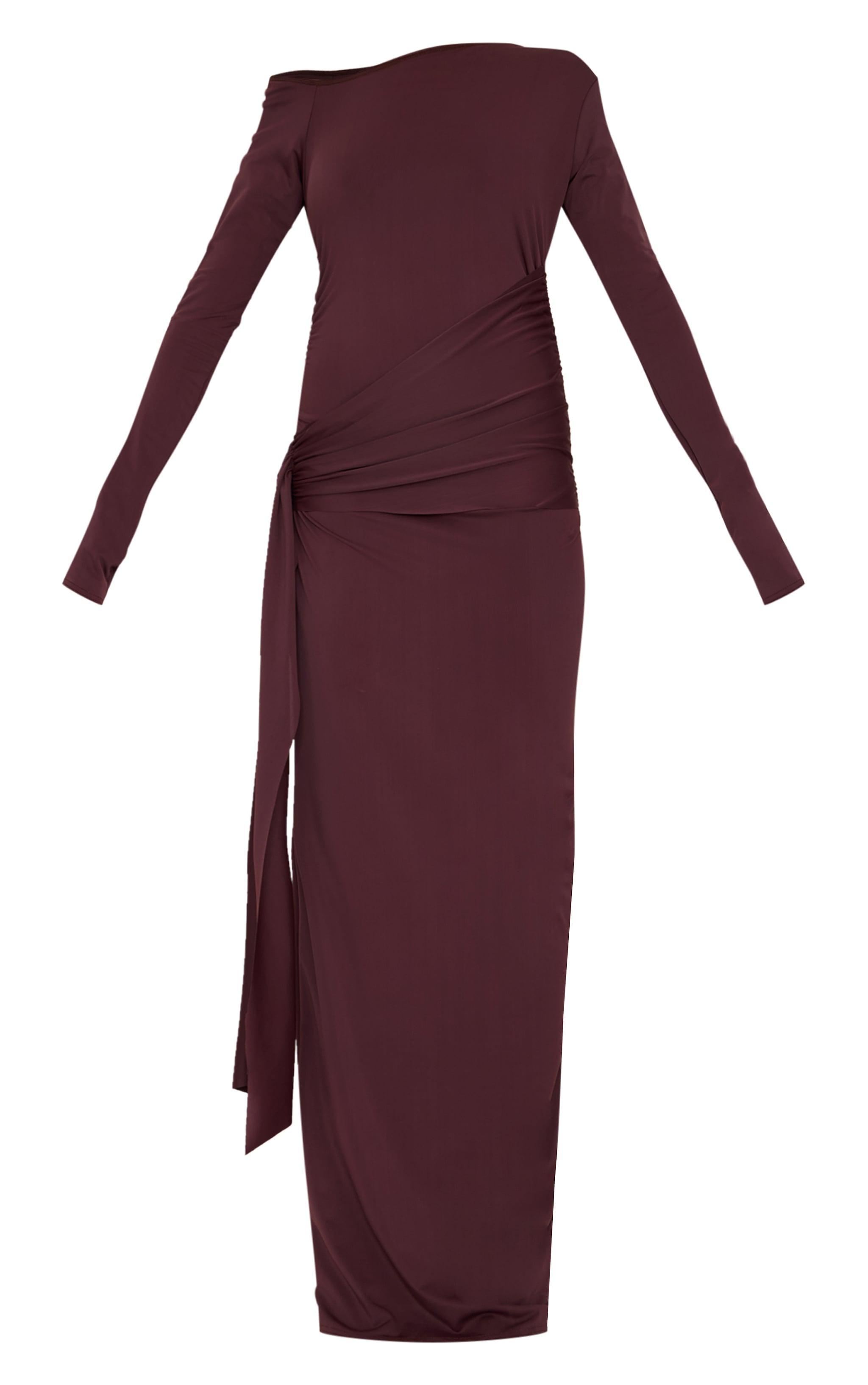 Chocolate Matte Sculpt Fold Over Ruched Drape Maxi Dress Product Image