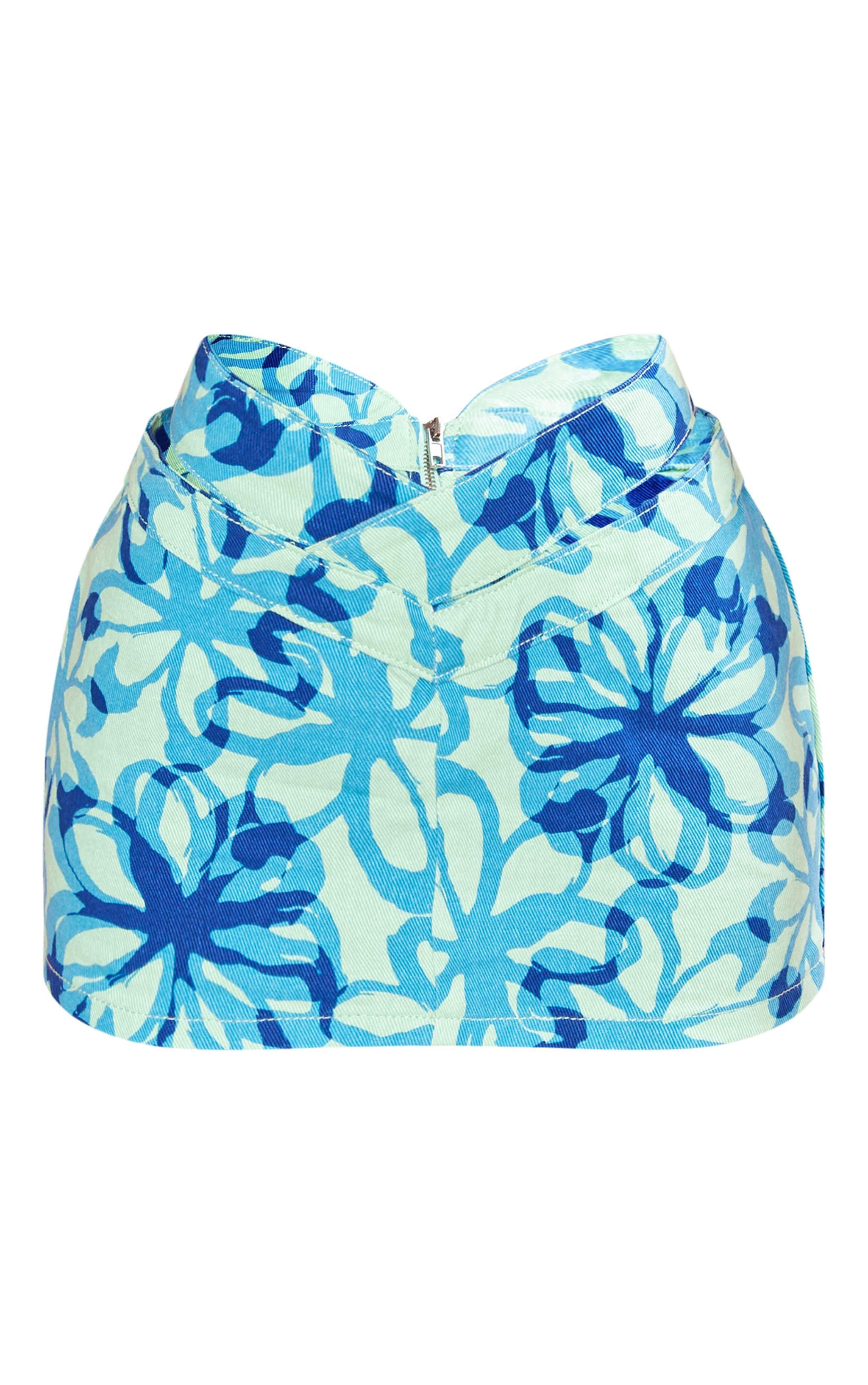 Petite Blue Printed Denim Dipped Hem Mini Skirt Product Image