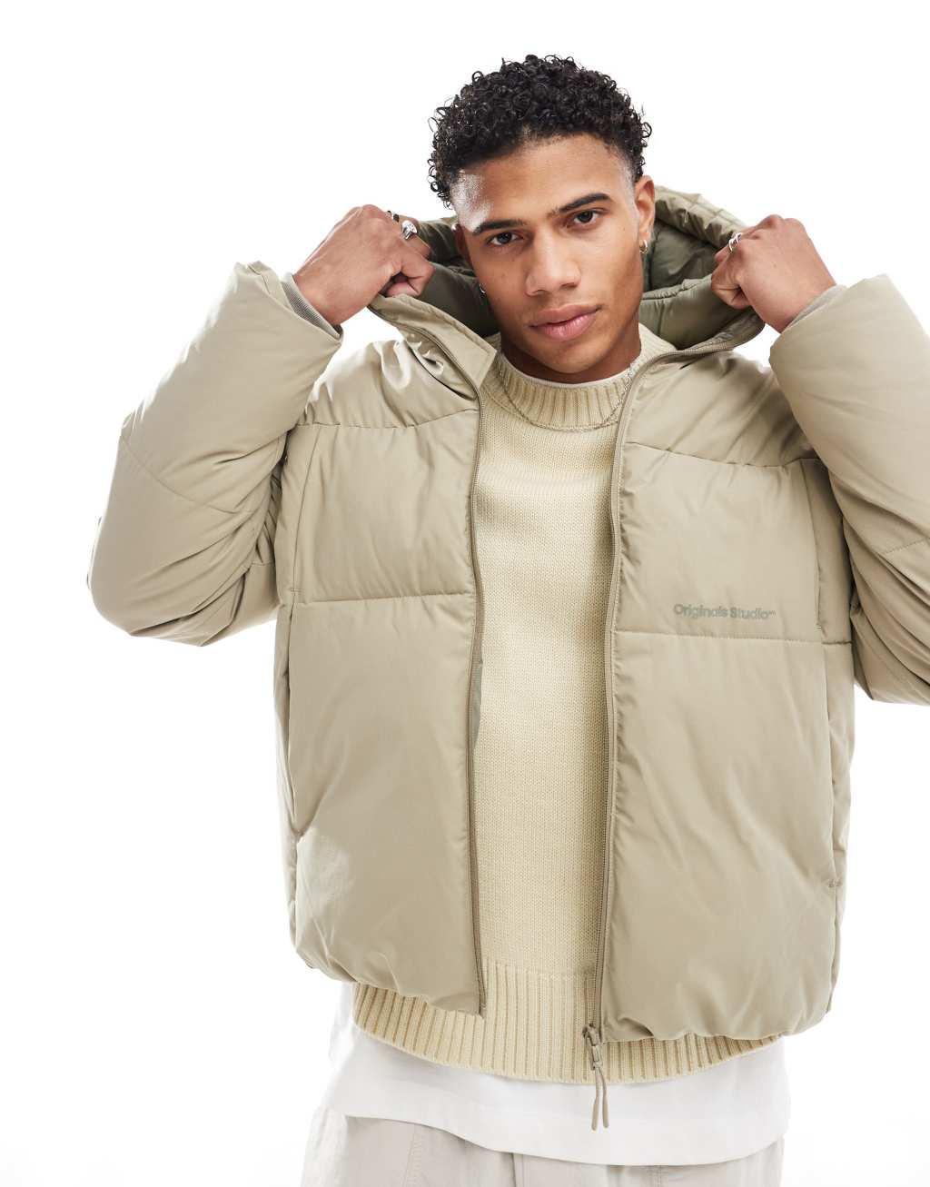 Jack & Jones oversized boxy puffer jacket in beige  Product Image