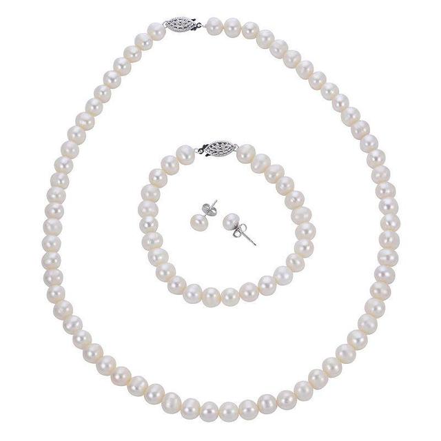 PearLustre by Imperial Sterling Silver Freshwater Cultured Pearl Necklace, Bracelet, and Earrings Set, Womens White Product Image