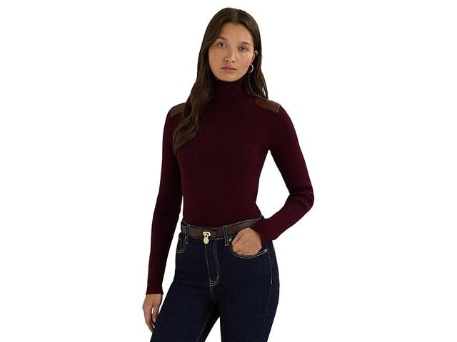 Lauren Ralph Lauren Faux Leather-Trim Ribbed Turtleneck (Pinot Noir) Women's Sweater Product Image