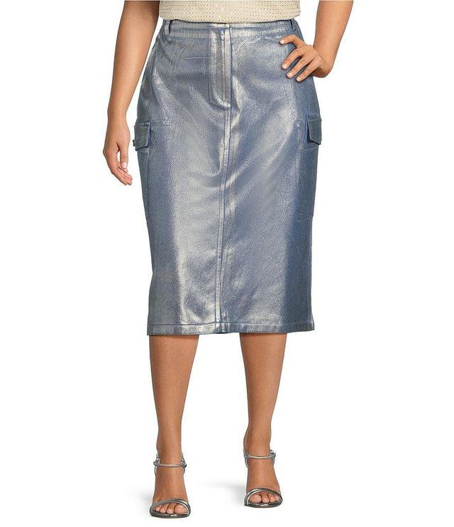 Skies Are Blue Plus Size High Rise Metal-Foiled Cargo-Pocket Midi Skirt Product Image