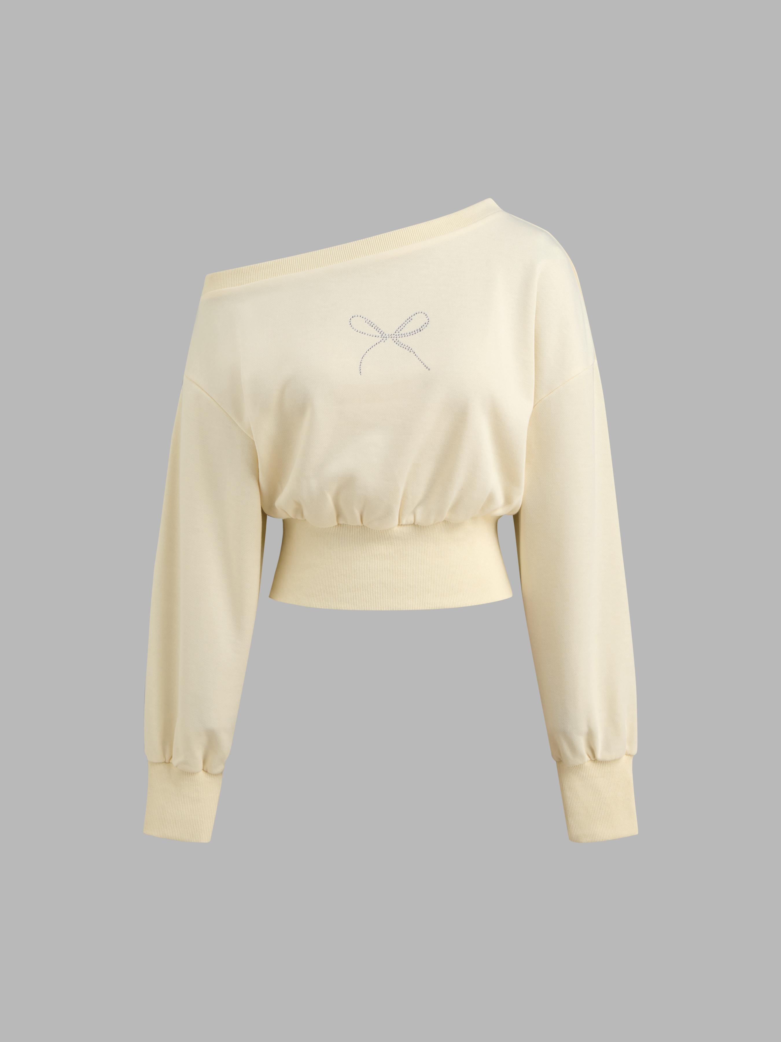  Asymmetrical Neck Rhinestone Bowknot Sweatshirt product image