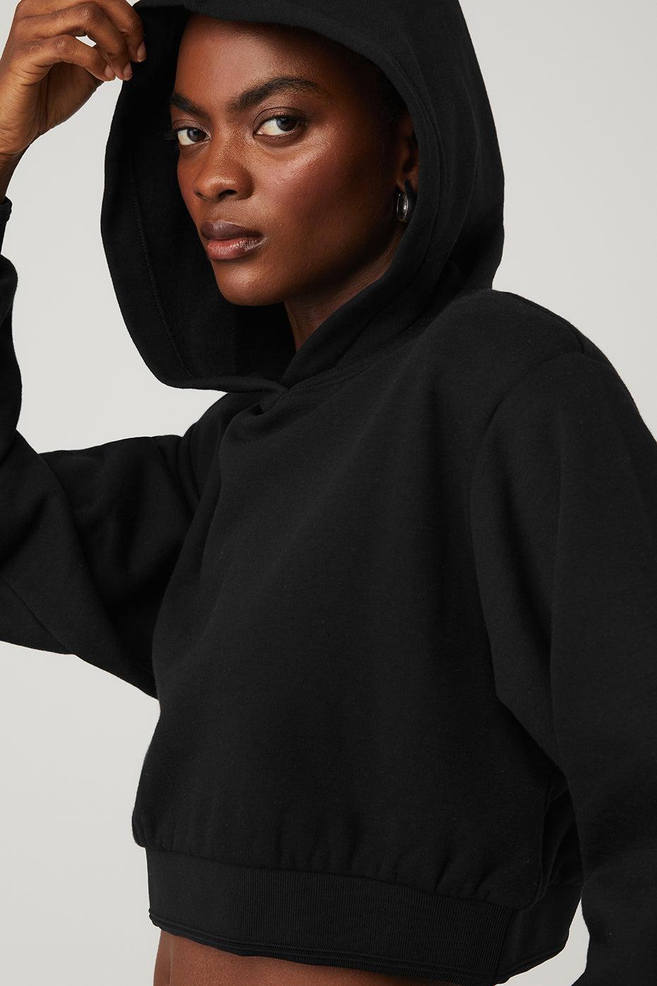 Cropped Headliner Shoulder Pad Hoodie - Black Female Product Image