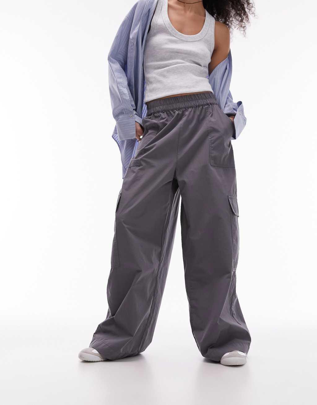 Topshop pull on wide leg pants with cargo pockets in charcoal Product Image