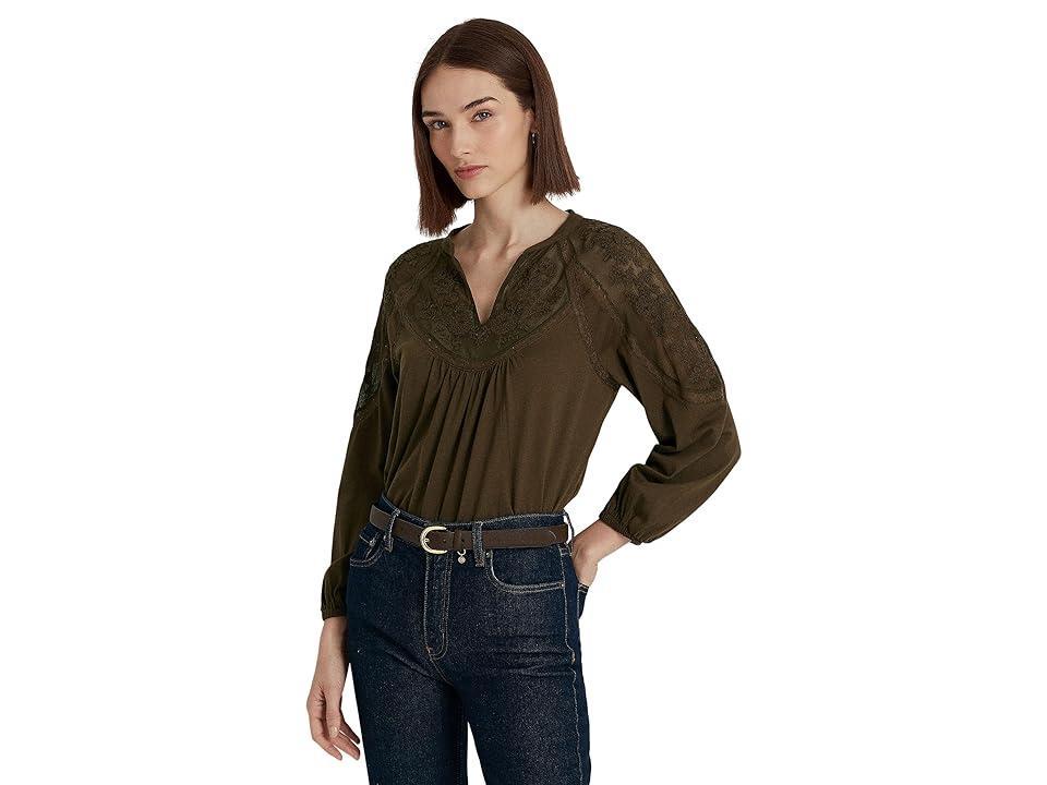 Lauren Ralph Lauren Embroidered Jersey Blouson-Sleeve Top (Botanic Green) Women's Clothing Product Image