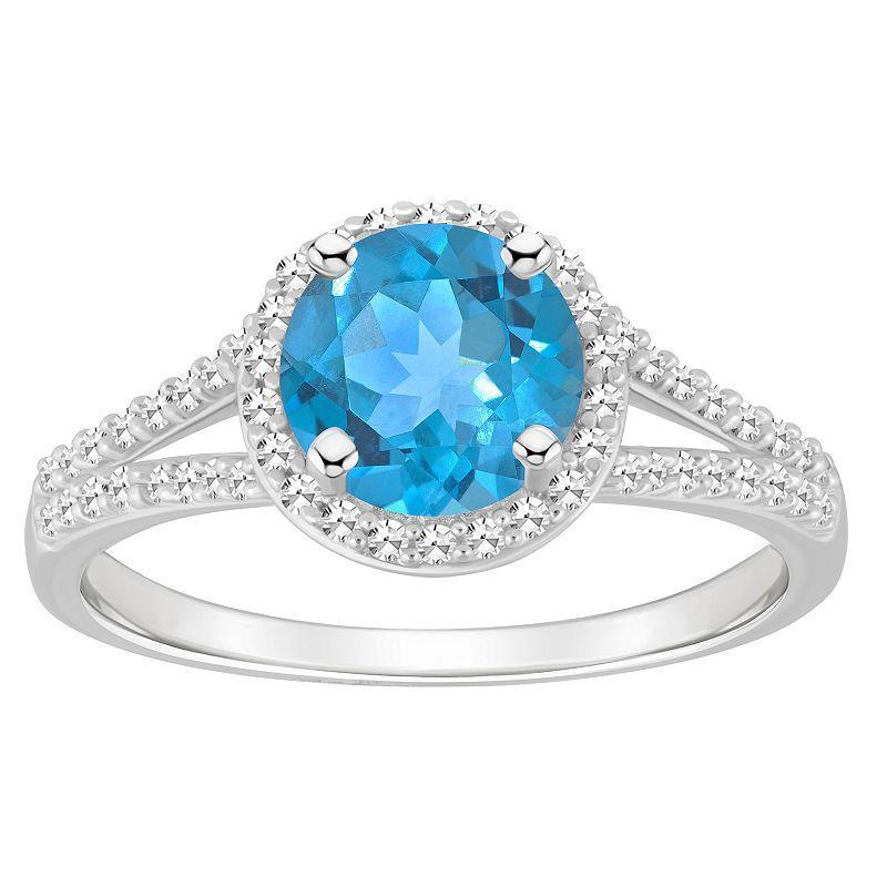 Celebration Gems Sterling Silver 7 mm Round Gemstone and 1/4 Carat T.W. Diamond Split Shank Ring, Womens Blue Topaz Product Image