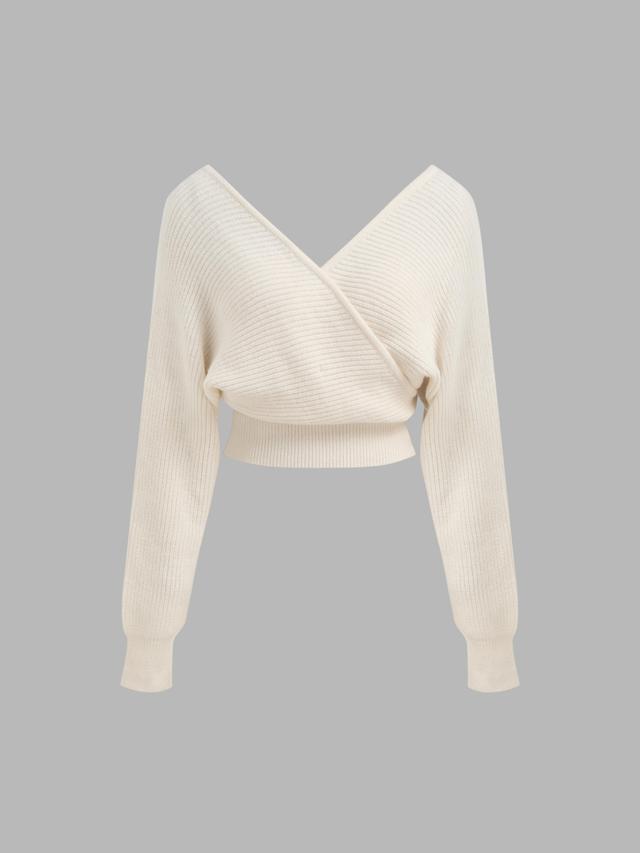 Knit V-neck Solid Wrap Crop Long Sleeve Top Product Image