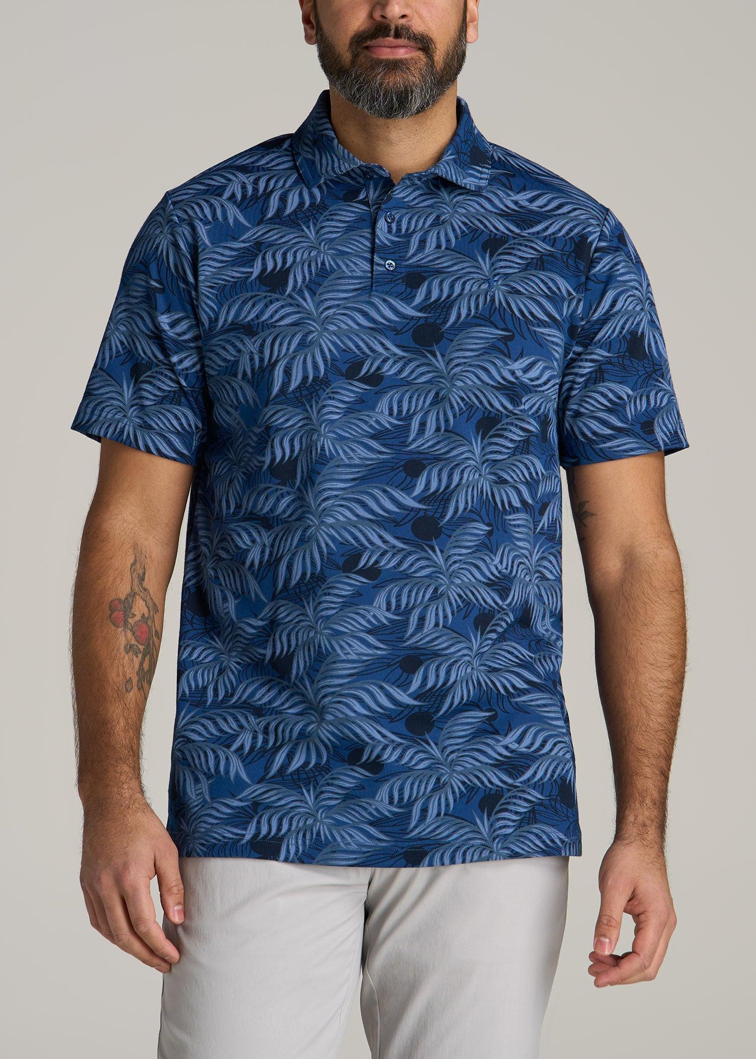 Cotton Stretch Print Polo Shirt for Tall Men in Blue Palm Product Image