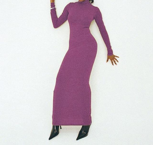 Long-Sleeve Turtleneck Plain Maxi Sheath Dress Product Image