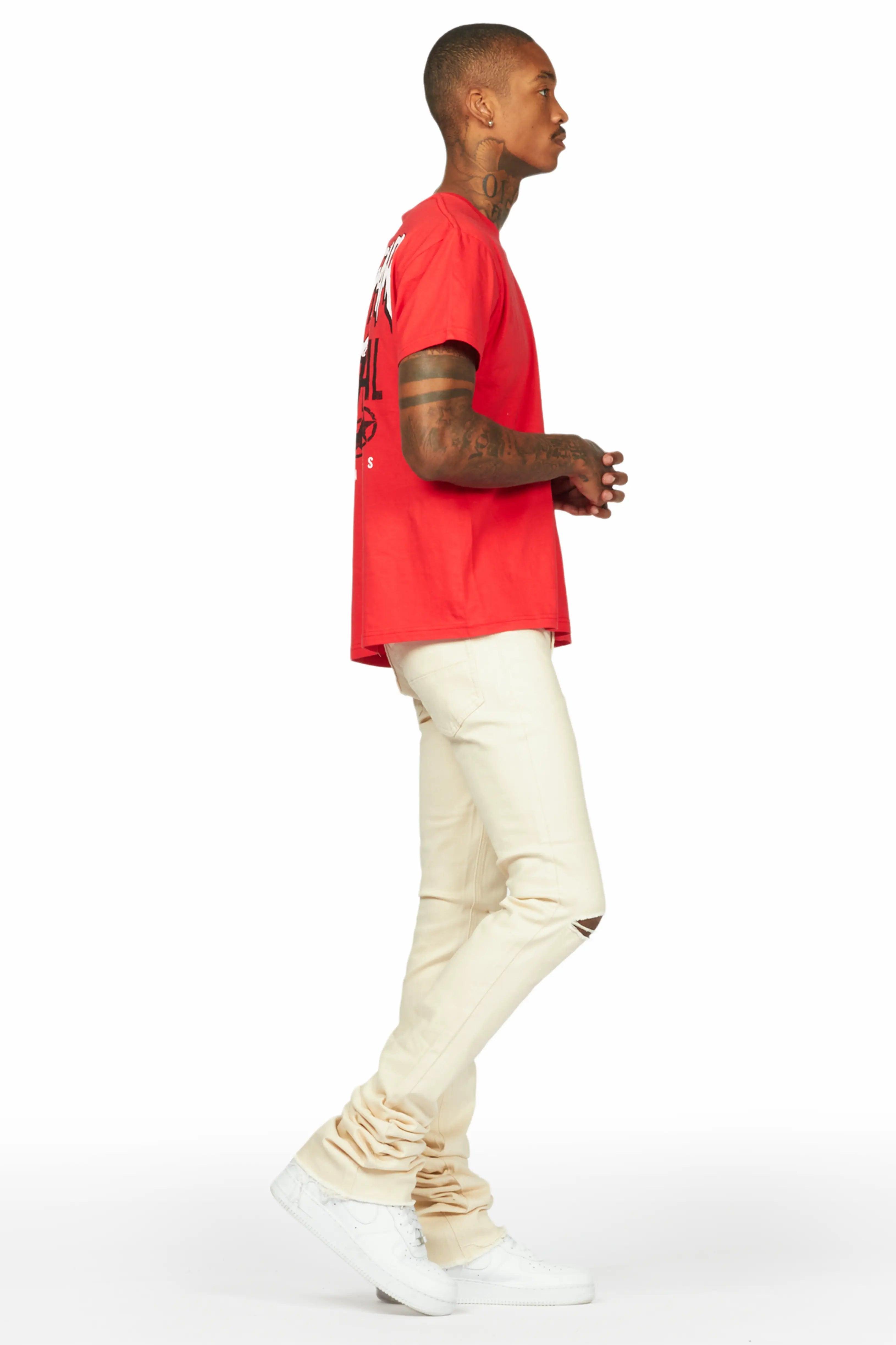 Wizzurd Red T-Shirt & Josiah Beige Super Stacked Flare Jean Bundle Male Product Image