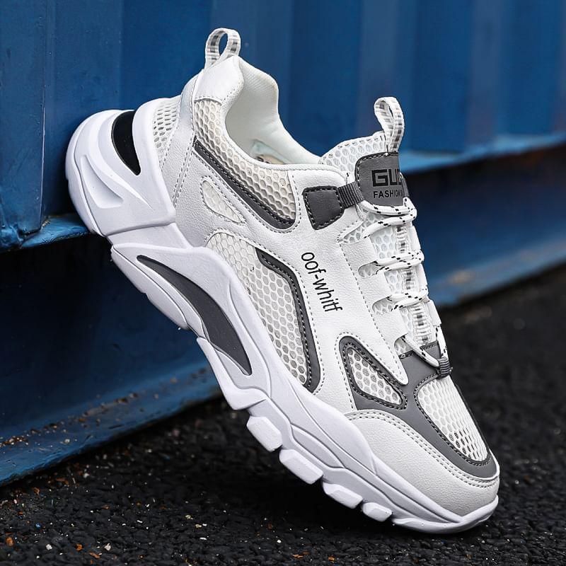 Lettering Mesh Panel Lace-Up Platform Sneakers Product Image