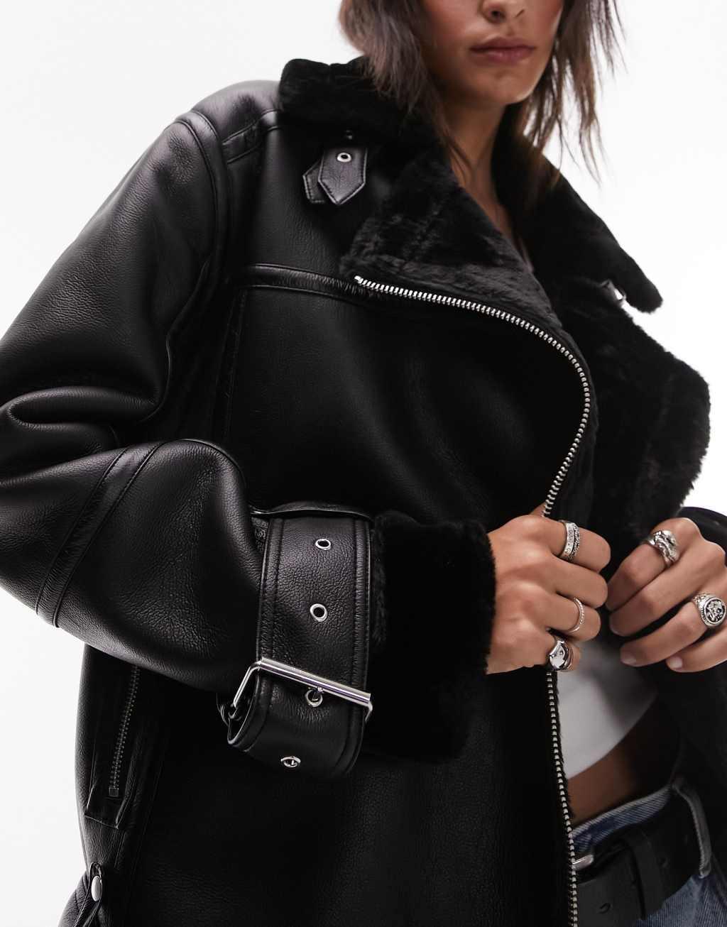 Topshop faux leather shearling oversized aviator biker jacket in black Product Image