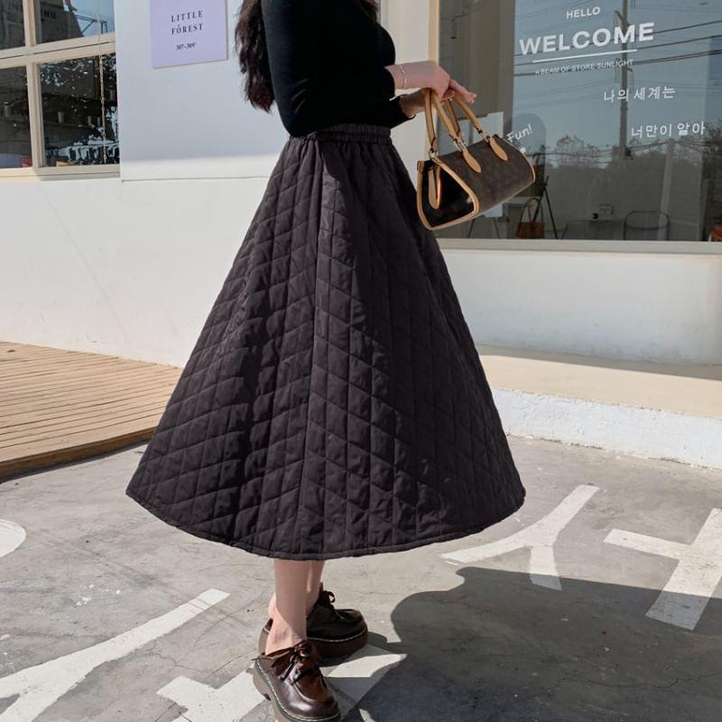 High Rise Plain Quilted A-Line Midi Skirt Product Image