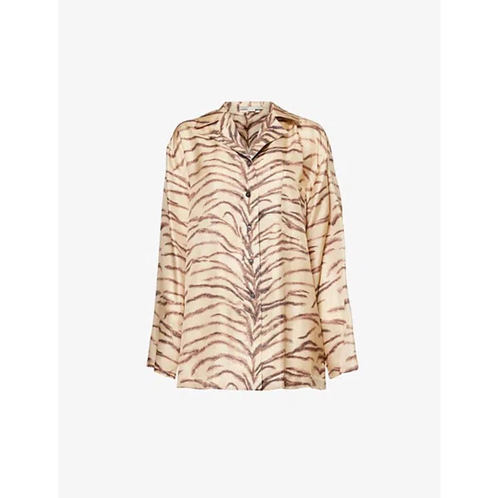 Womens Natural Animal-print Long-sleeved Silk Shirt In Beige Product Image