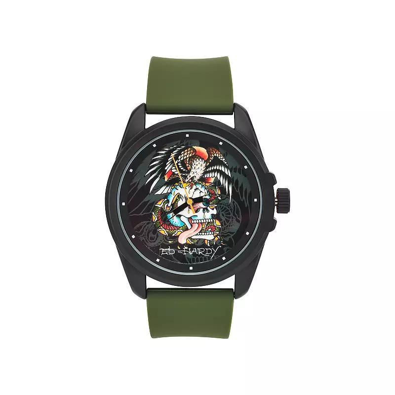 Ed Hardy Singles Mens Skull Print Dial/Matte Olive Silicone Strap Analog Watch, Green Product Image