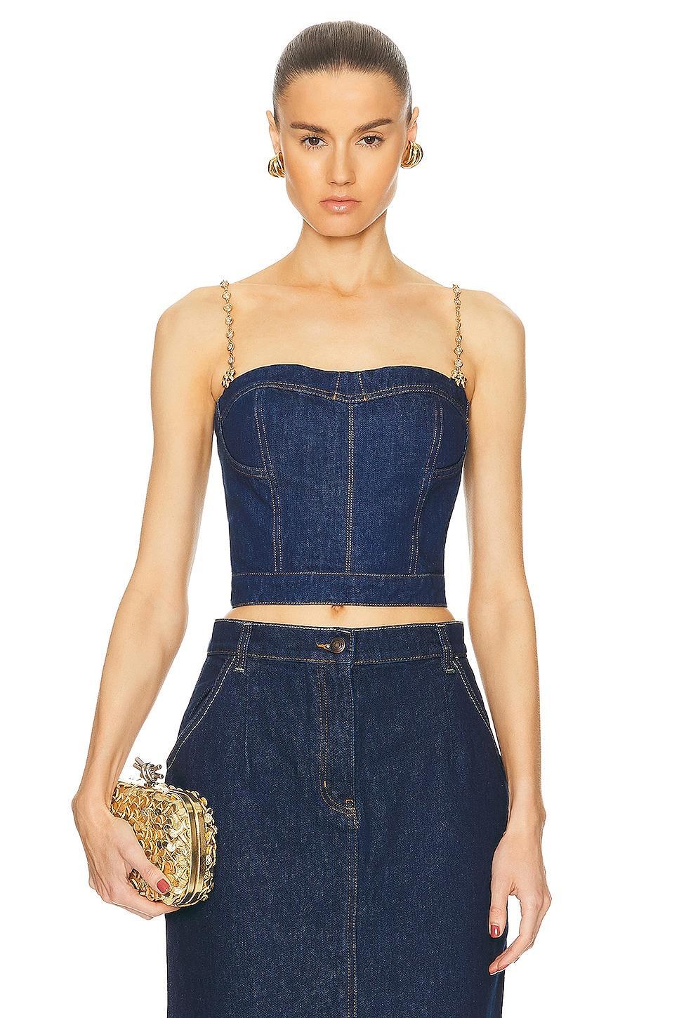 Oscar de la Renta Denim Bustier With Jeweled Straps Blue. (also in ). Product Image