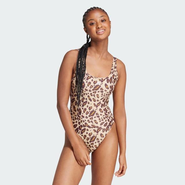 adidas Essentials Animal Print U-Back Swimsuit Shadow Brown 14 Womens Product Image