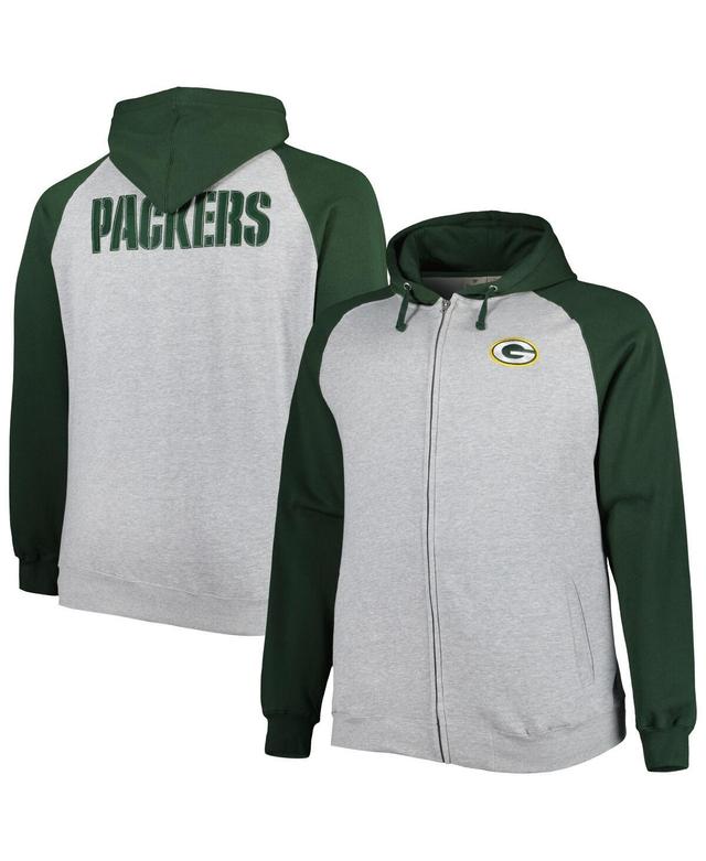 Mens Heather Gray Green Bay Packers Big & Tall Fleece Raglan Full-Zip Hoodie Jacket Product Image