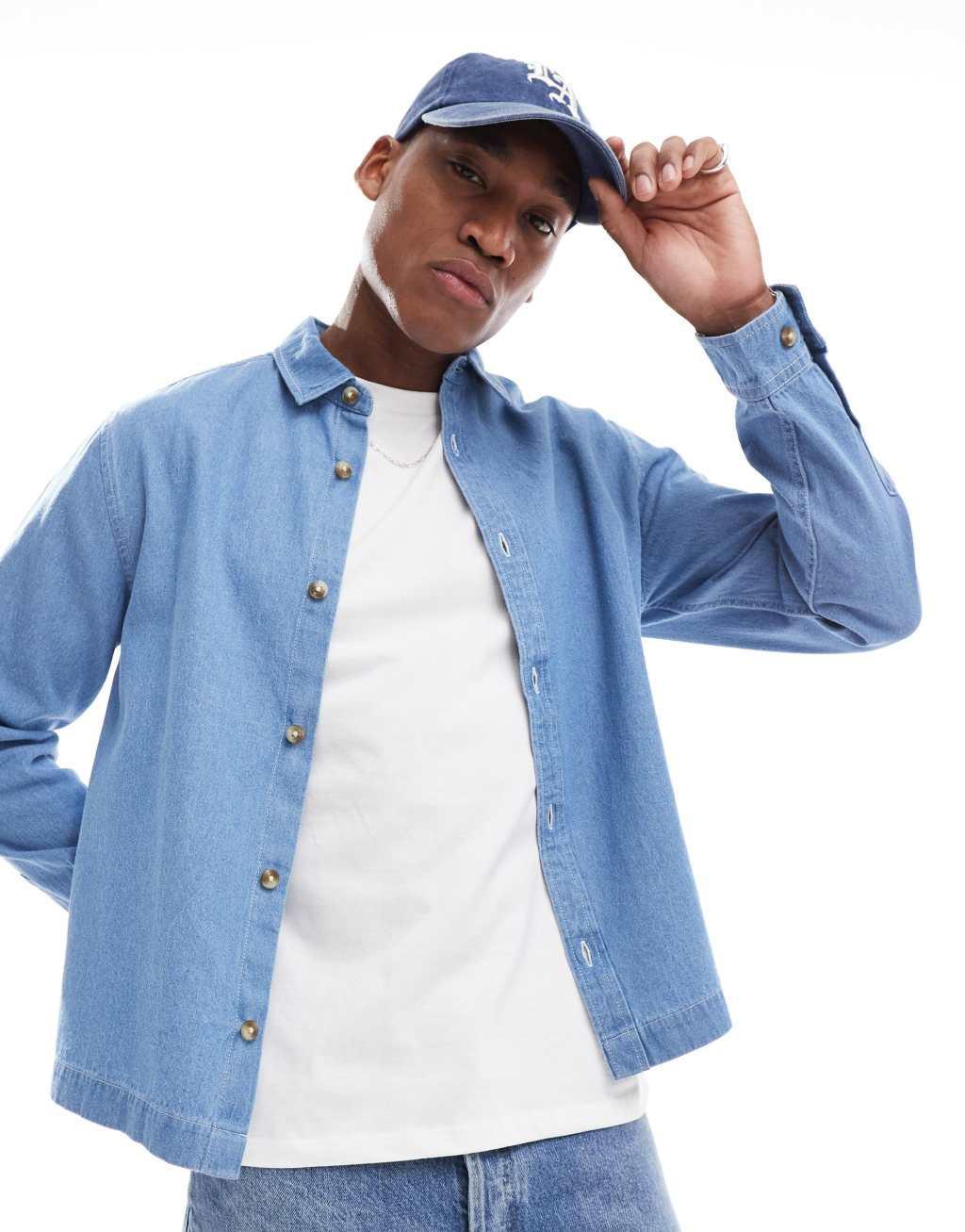 ASOS DESIGN boxy denim overshirt with contrast top stitching in blue Product Image