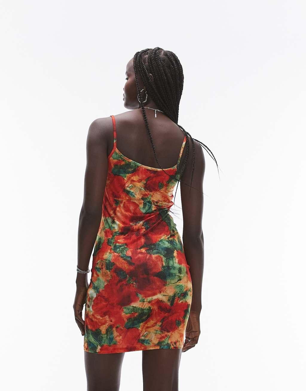 Topshop square neck mini dress in bright floral print in multi Product Image