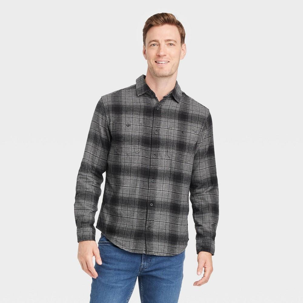 Mens Mid-Weight Flannel Long Sleeve Button-Down Shirt - Goodfellow & Co Midnight Black L Product Image