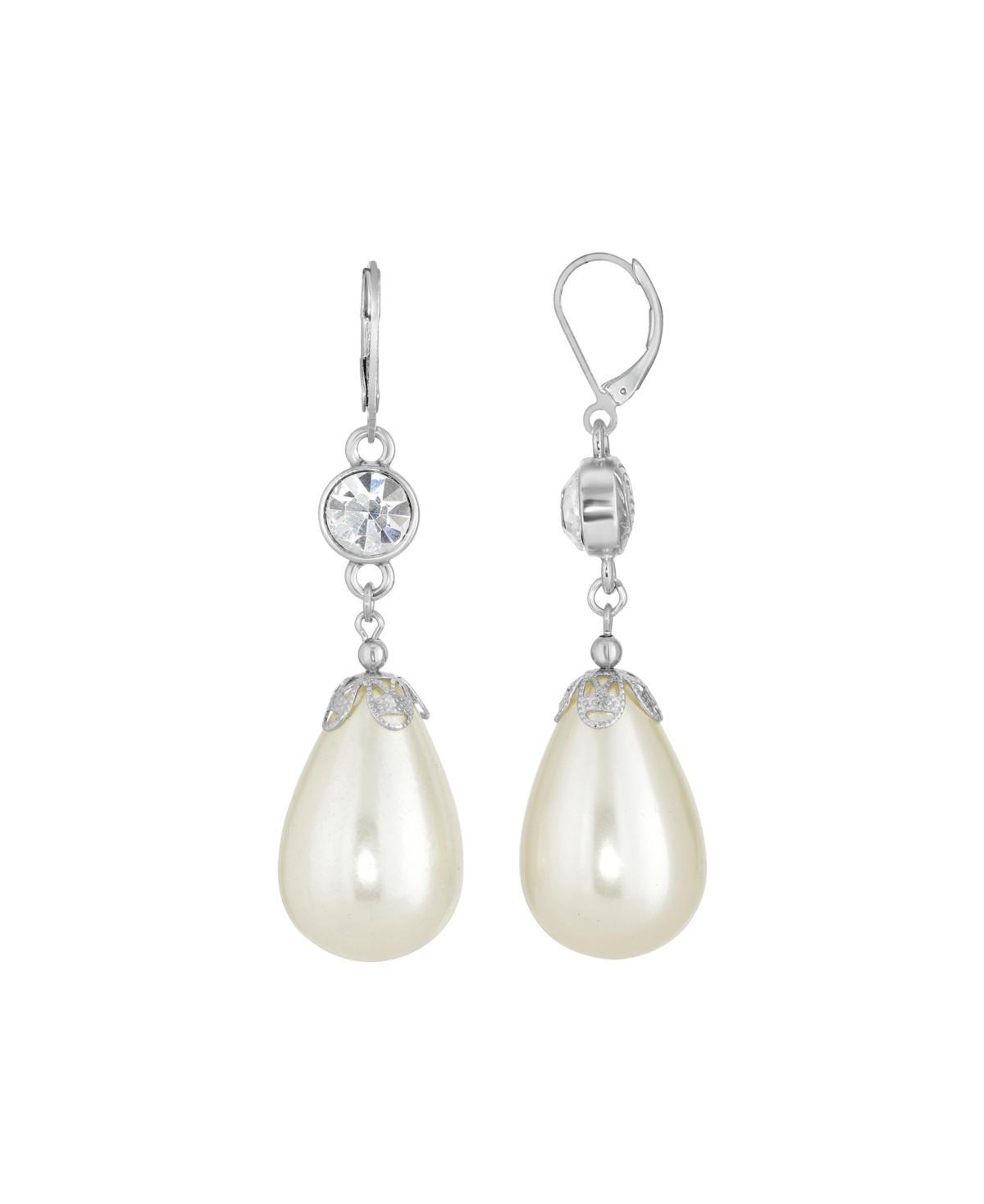 1928 Silver Tone Crystal & Simulated Pearl Teardrop Drop Earrings, Womens, White Product Image