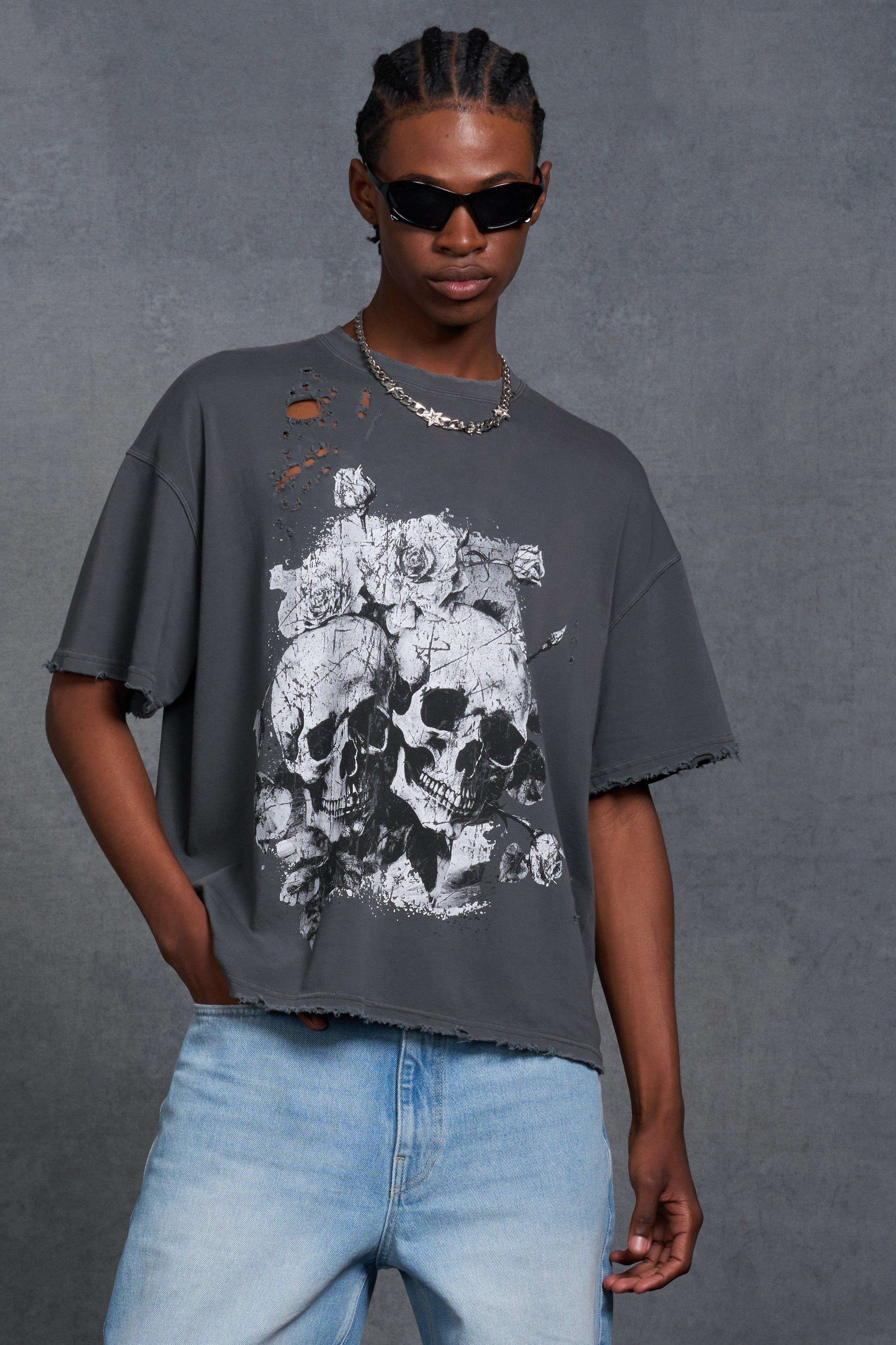 P-Star Oversized Boxy Washed T-Shirt with Skull Print | boohooMAN USA Product Image